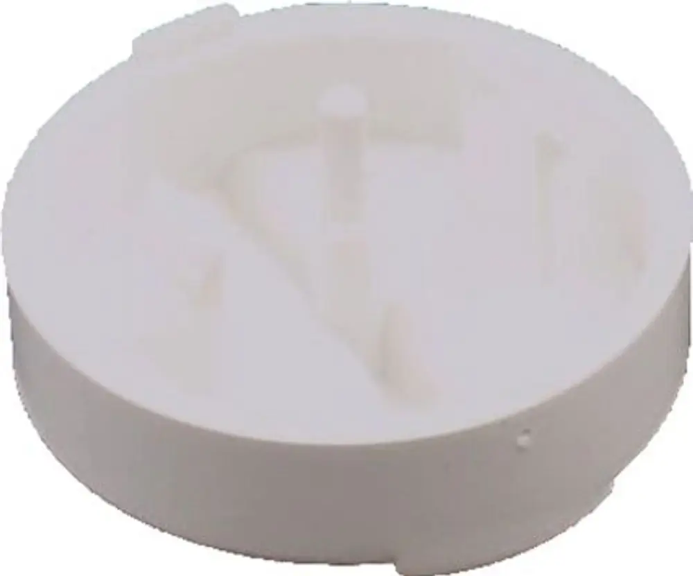 Weißer, runder Drehknopf mit zentralem Stift und mehreren Halterungen im Inneren, geeignet für Produkte der Marke Wolf.